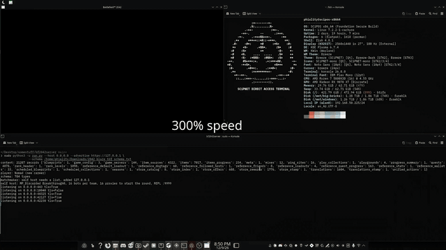 Battlefield 2042 running on Linux against the private server: menu, matchmaking and a Breakthrough match, with the server log scrolling below