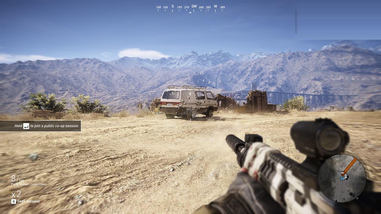 Ghost Recon Wildlands in first person, firing a suppressed rifle at a van, using the first person plugin built on the ScriptHook