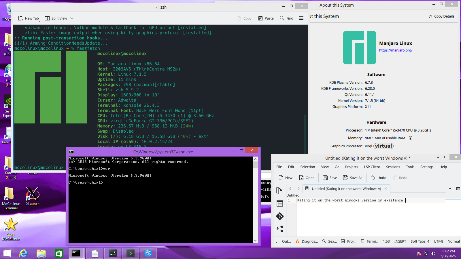 Manjaro Linux with KDE Plasma running as native windows on Windows 8.1 x64, fastfetch reporting virgl on the GeForce GT 730
